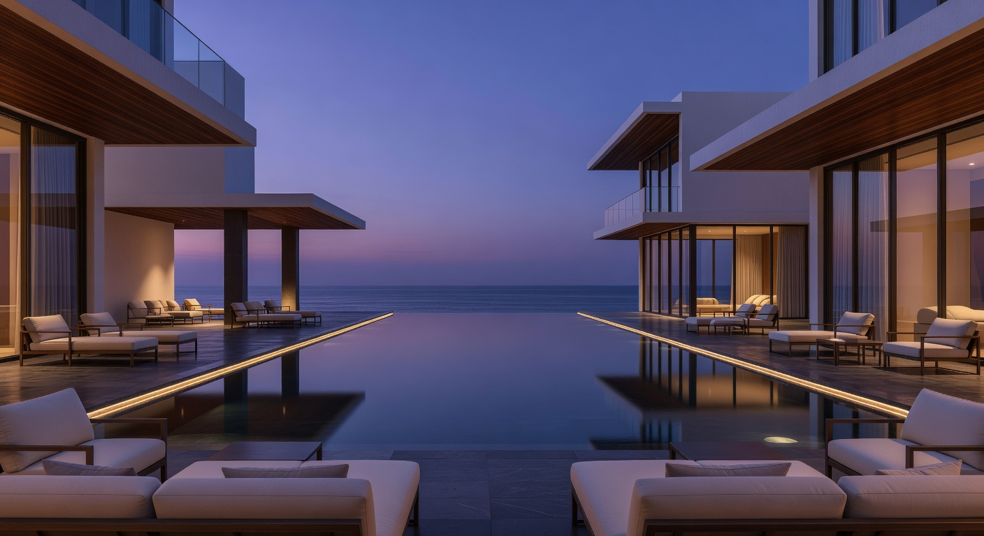 Luxurious modern resort exterior at twilight with pool
